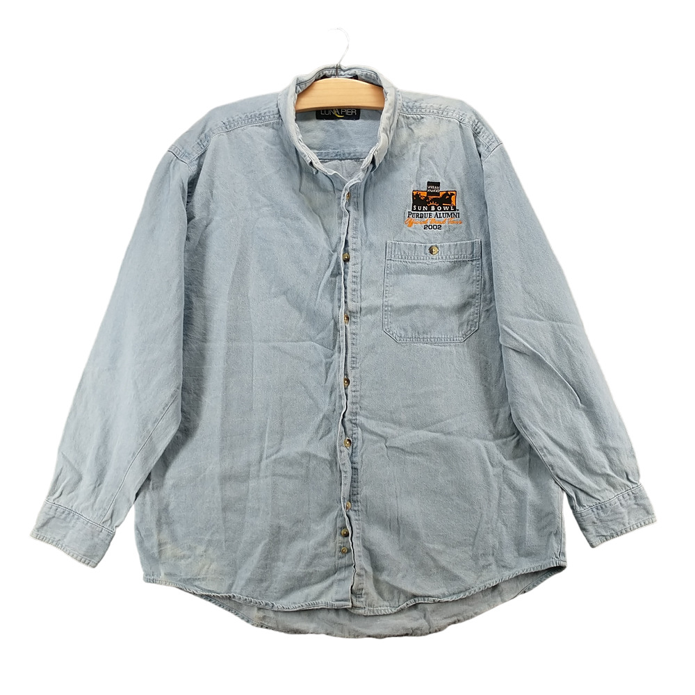 Luna Pier Mens Purdue Alumni Denim Button Up Shirt Blue Large Vintage Sun Bowl